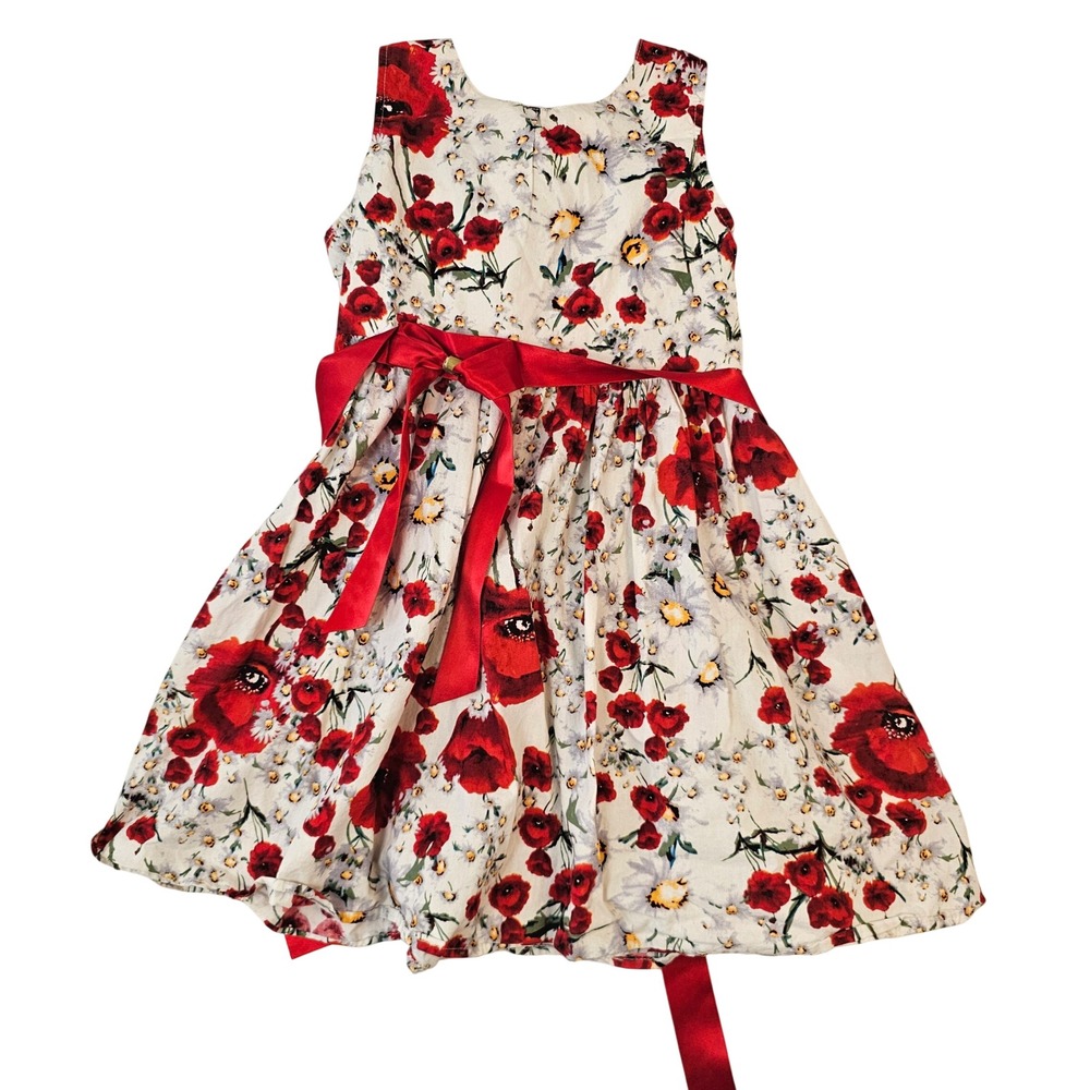 Princess A Girls Red‎ Poppy Floral Sleeveless Dress with Satin Sash Cream